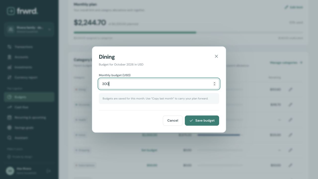 Dining budget editor for October 2026, showing a proposed monthly budget of 300 US dollars and the Save budget button.